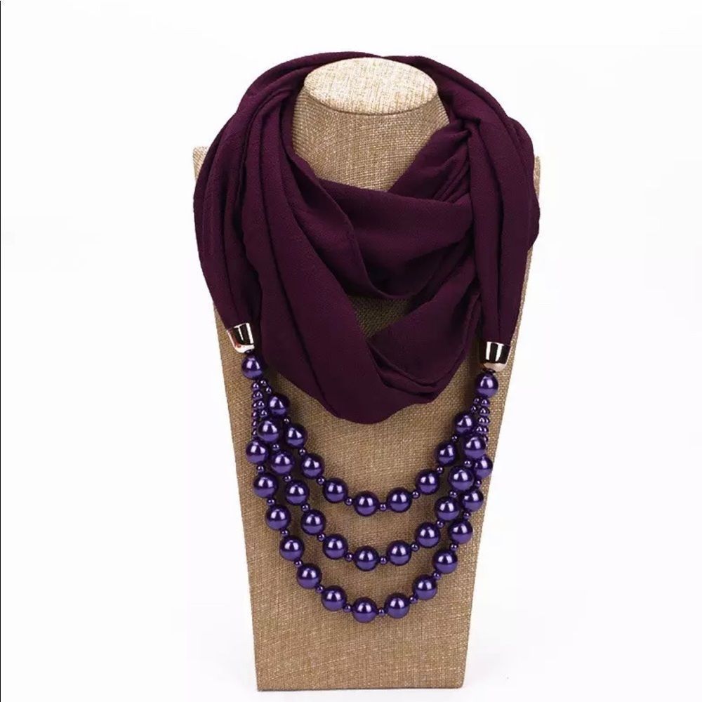 Purple Classic Style Scarf Necklace Solid Chiffon Infinity Scarf Pearl Pendant …